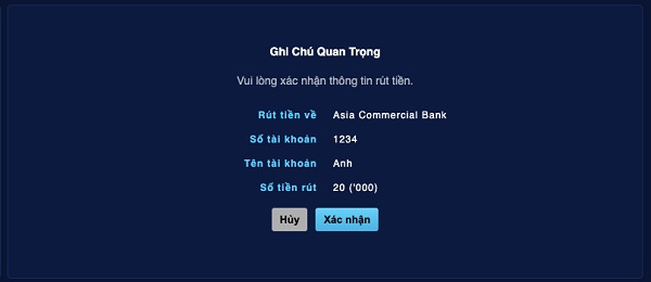 Xác nhận lại thông tin rút tiền Bong88